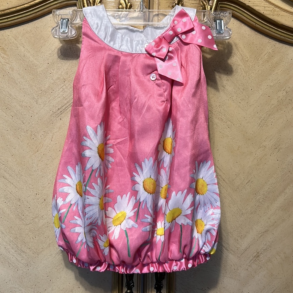 Pink White Yellow Daisy Floral Polka Dot Sleeveless Front Bow Dress NEW NWOT